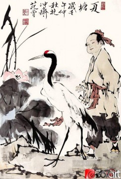 Chino Painting - Niño Fangzeng y grúa china antigua.